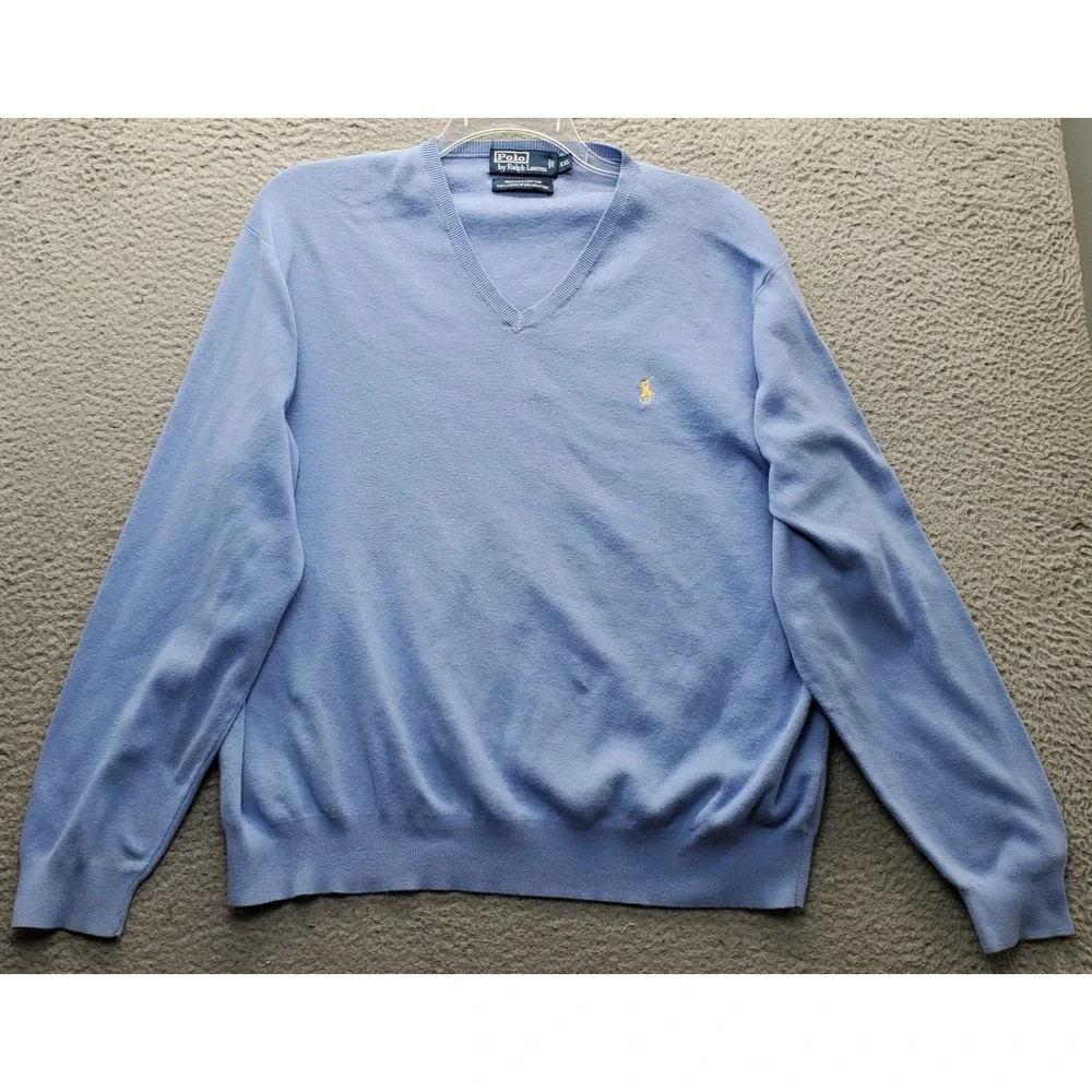 Polo by Ralph Lauren Sweater Mens XXL Blue Pony Logo Pima Cotton V-Neck Pullover